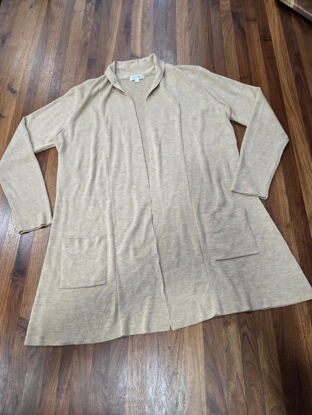 Orvis Beige Open Long Line Wool Cardigan Sweater Pockets  Size XL